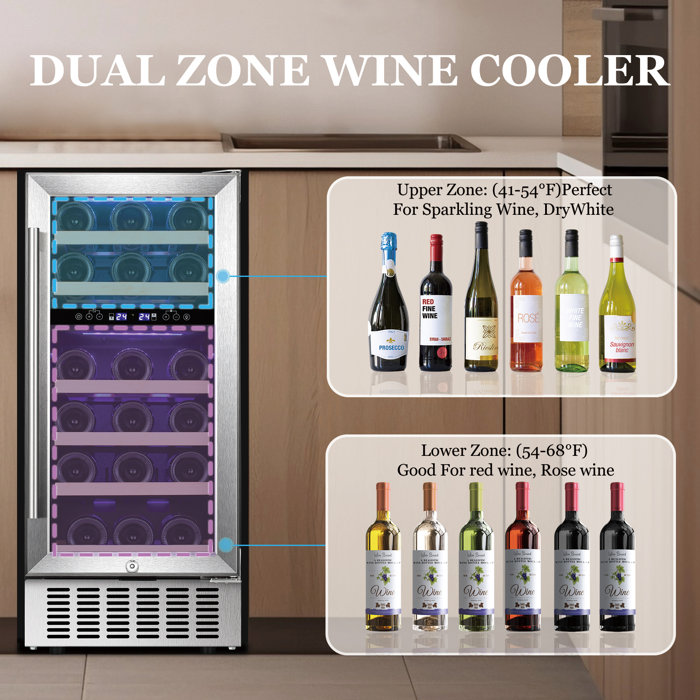 YUKOOL 15'' 28 Bottle Dual Zone BuiltIn Wine & Beverage Refrigerator